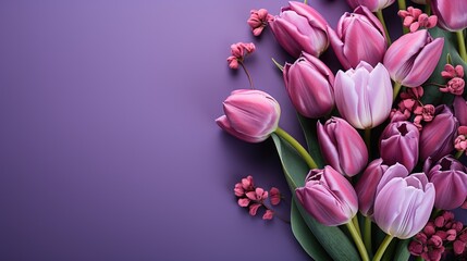 Obraz premium tulips on purple background, copy space