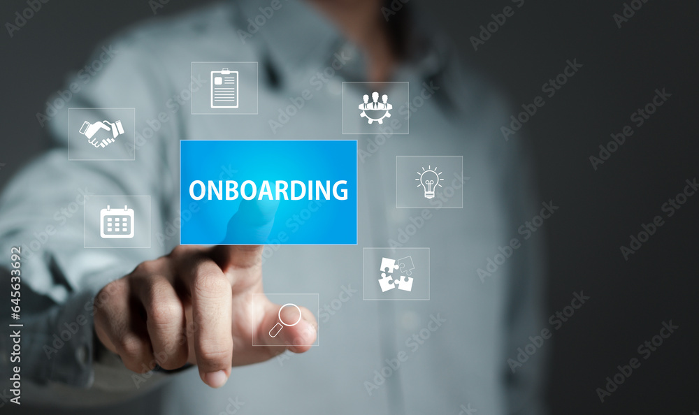 Poster onboarding business process concept. businessman working structural business onboarding on virtual i