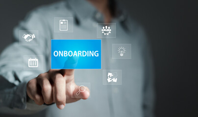 Onboarding business process concept. Businessman working structural business onboarding on virtual interface screen.