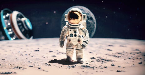immagine primo piano di astronauta nella tuta spaziale sulla superficie di una luna aliena, spazio scuro e pianeti sullo sfondo