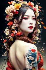 Geisha's Floral Fantasy: A Portrait of Japanese Elegance.