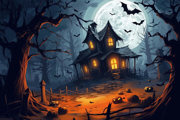 Halloween background with spooky cartoon house and moon