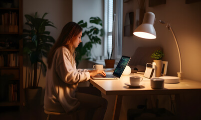 jeune femme en train de travailler depuis chez elle, en télétravail