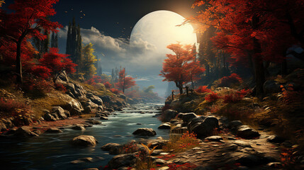 Painting of Winding Rivers with Autumn Atmosphere Foliage Below Beautiful Sky - obrazy, fototapety, plakaty