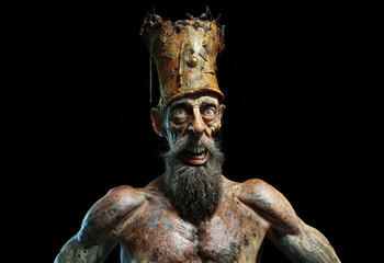A grotesque man with a beard. Ugly man. Gaunt and unhealthy. Bad teeth. Painted. Weird. Odd. Quirky. Unusual. Gross. Creepy. Distorted face.