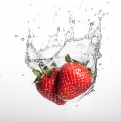 Strawberry falling into water on white background