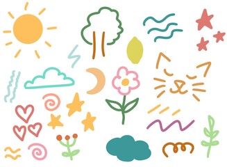 Kids Drawing Popular Objects Drawing Set. Hand drawn colored set of simple decorative elements. Various icons such as hearts, stars, speech bubbles, arrows, lines isolated on white background.