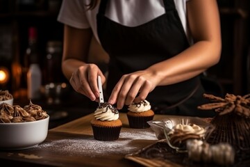 Female baker decorating cupcake with cinnamon. Generate Ai