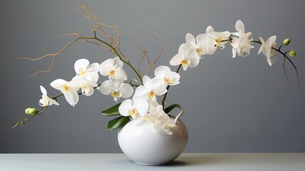 A graceful branch of a white orchid in a vase on a gray background.
