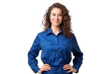 skillful woman technician in blue work clothes, png isolated on white transparent background