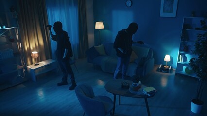 Shot of two burglars going around the apartment, looking for valuables, jewelry. The men are using...
