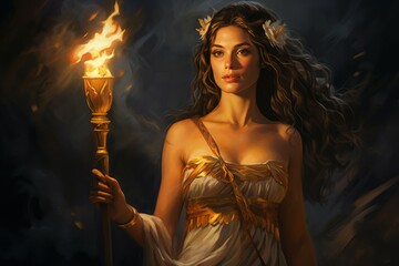 Greek goddess with burning torch. Generate Ai