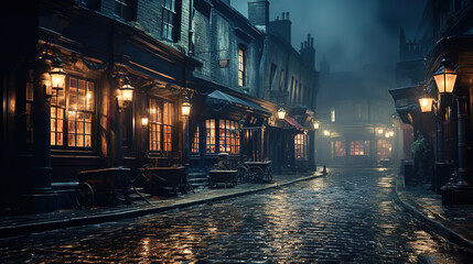 Fototapeta na wymiar A Cobbled Victorian Street in London At Foggy Night