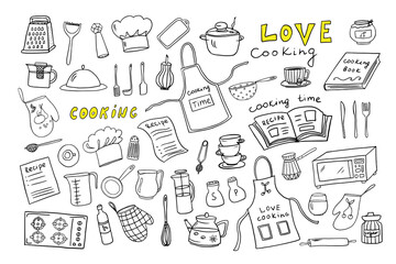 Сute set of kitchen tools, kitchenware, kitchen equipments in doodle style. Love cooking. Vector illustration for restaurant menu, recipe book, and wallpaper. © Natalia