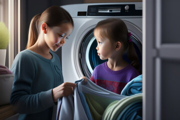 two little sisters loading inside washing machine. 2 female girls sitting on background of opened washing machine. generative ai
