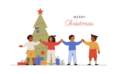 Happy children hold hands near decorated xmas tree. Merry Christmas festive design with kids, fir and greeting text.Elementary students celebrate new year eve. Vector illustration.