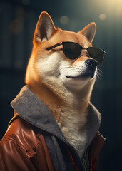A Shiba Inu With Sunlasses Wearing Trendy Fashion In Dramatic Lighting
