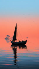 Naklejka premium Soilboat Floating in The Small Water Lake Under The Foggy Sky