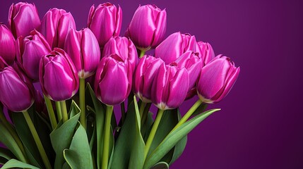 Fototapeta premium tulips on purple background, copy space