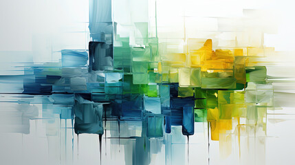 Abstract Art of Green, Yellow, Black and Blue Color Lines and Square Boxes Draw With Thick Paint Brush Strokes