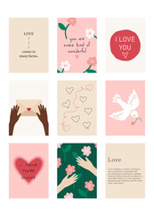 Fototapeta na wymiar Set of cute posters with quotes about love, Valentine's Day greeting cards in modern, trendy colors.