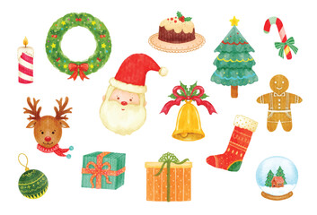 Set of Christmas elements watercolor vector illustration