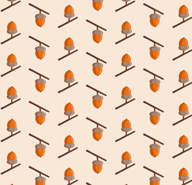 A seamless pattern with acorns and branches on beige background for packaging, walpapers, apps, fabrics