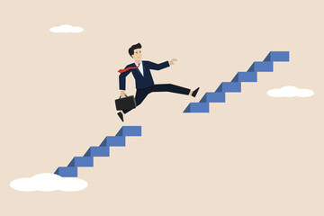 Skills gap, businessman skills, career problem or talent barrier, businessman climbs the ladder to find the threshold gap to achieve the goal. Illustration of a successful businessman.