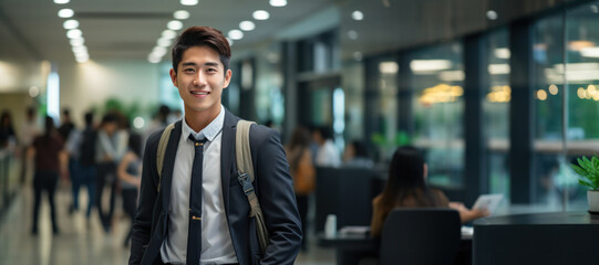 portrait, business, businessman, office, opportunity, business person, confidence, leadership, smile, elegance. portrait image is close up businessman. him have on formal suit, behind have officer.