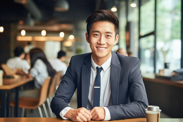 portrait, business, businessman, office, opportunity, business person, confidence, leadership, smile, elegance. portrait image is close up businessman at co-working space. behind have customer.