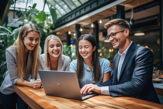 business, businesswoman, office, opportunity, business person, confidence, leadership, smile, elegance, expertise. at co-work space, group employee in front of laptop to discuss business and consult.