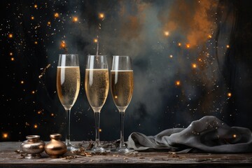 celebration, christmas, bubble, drink, gold, luxury, wine, alcohol, champagne, event. anniversary party is coming celebrate. luxury champagne put on night dinner with confetti falling behind that.