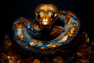Golden snake surrounded by gems on a black background. Generative AI 
