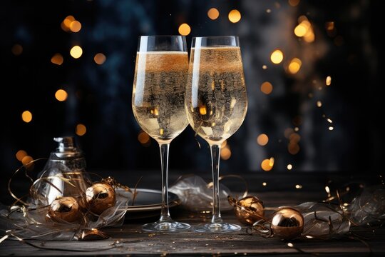 celebration, christmas, bubble, drink, gold, luxury, wine, alcohol, champagne, event. anniversary party is coming celebrate. luxury champagne put on night dinner with confetti falling behind that.