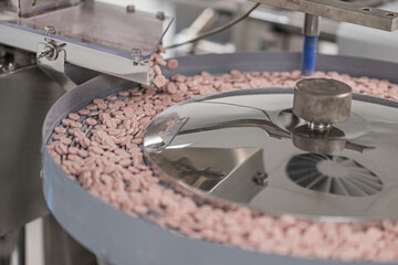 Macro Shot of colour Pills and Capsules During Production and Packing Process on Modern Pharmaceutical Factory. Tablet and Capsule Manufacturing Process. Close-up Shot of Medical Drug Production Line.