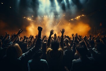 celebration, concert, party, stage, club, event, night, festival, nightclub, show. night club on the stage has smoke and fire, now for concert festival. party attendees everyone put your hands up.