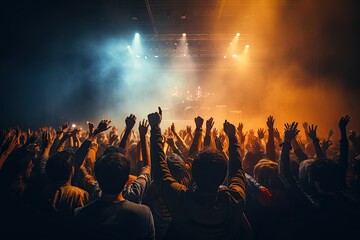 Fototapeta premium celebration, concert, party, stage, club, event, night, festival, nightclub, show. night club on the stage has smoke and fire, now for concert festival. party attendees everyone put your hands up.