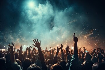 Fototapeta premium celebration, concert, party, stage, club, event, night, festival, nightclub, show. night club on the stage has smoke and fire, now for concert festival. party attendees everyone put your hands up.