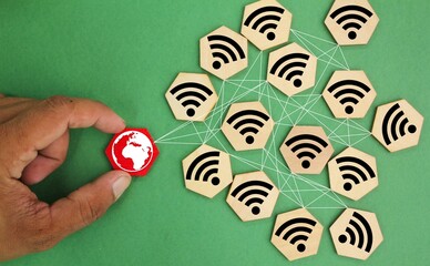 hexagon with wifi icon connected to the world. Social cyber network connect together concept.