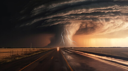 Fototapeta na wymiar Powerful Tornado and Lightning Twisting Through Above the Highway Road Countryside