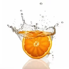 Poster Orange slice falling in water splash on white background © luke