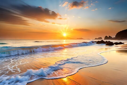 Create an image of a serene beach at sunset, where the waves gently kiss the shore 