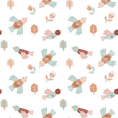 Decorative flying birds. Seamless pattern for childrens textiles, packaging, clothing, fabrics, wallpaper for the nursery. Vector illustration