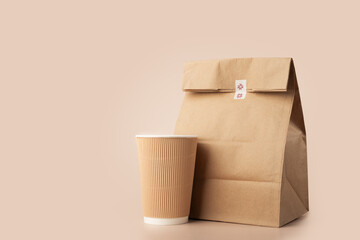 Take away bag, coffee to go, isolated lunch sack, sustainable food delivery,