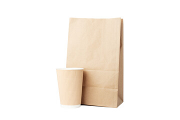 take away bag with a cardboard cup isolated, lunch delivery, eco-friendly packaging, grocery shop, brown kraft packet