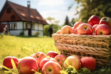 A basket full of fresh juicy orchard apples in an apple farm