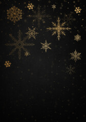 Black winter and Christmas background with golden snow flakes.