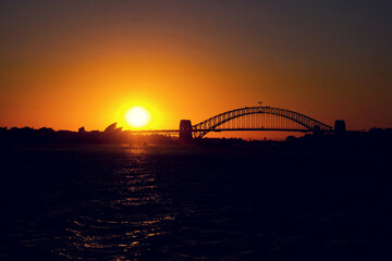 Sunset view of Sydney harbour taken from the Manly Ferry while travelling away from Port Jackson on thr Pacific Ocean