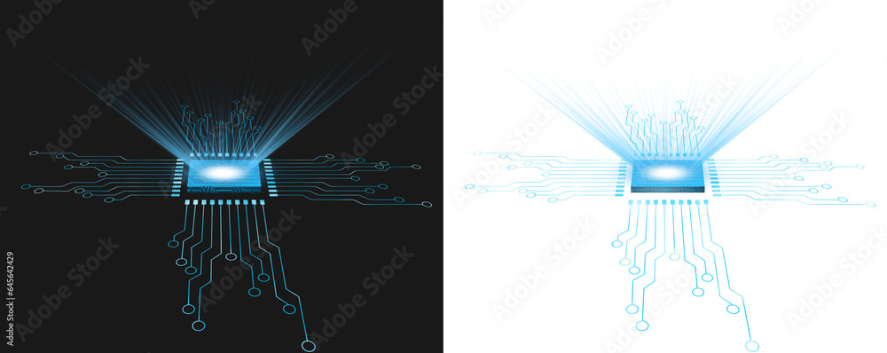 Poster microchip with circuit line blue with light spot futuristic design transparent background