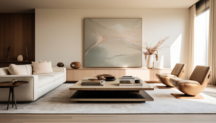 living room interior, A sleek modern interior room with minimalist design, neutral colors, and large windows, minimalist, contemporary, Ai Generate 